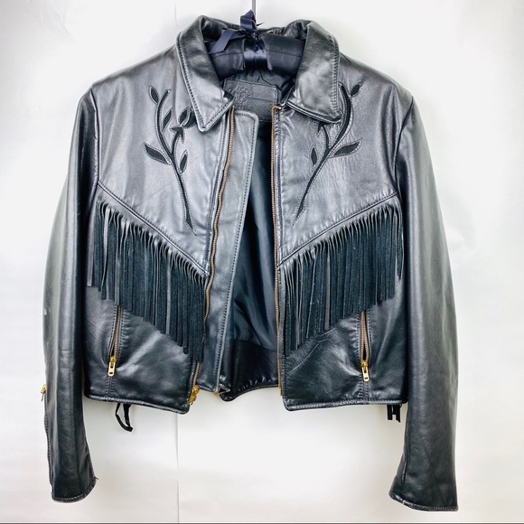 Vintage S Leather Jacket Biker Fringe Black Roses - Picture 1 of 8